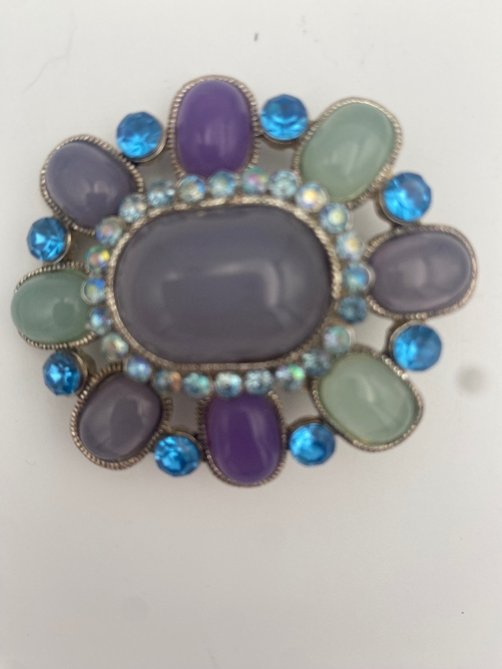 Vintage Brooch Cabochon Glass Mint Green Violet Pin Blue Rhinestones